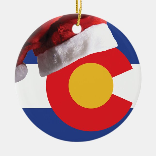 Colorado Flag with Santa Hat Ceramic Ornament (Front)