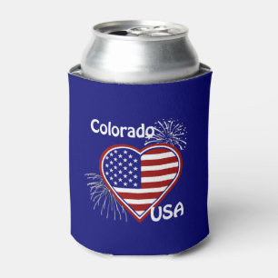 Colorado July 4th Fireworks Heart Flag  Can Cooler