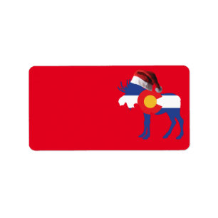 Colorado Moose wearing a Santa Claus hat Label