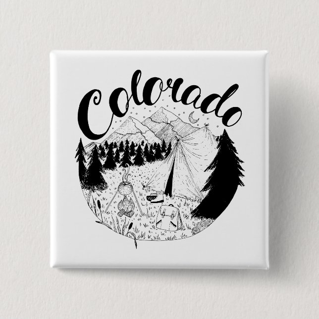 Colorado Mountain Camping Ink Drawing 2 Inch Square Button (Front)