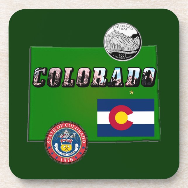 Colorado Picture Text, Flag, Seal, Quarter, Map Coaster (Front)