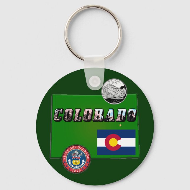 Colorado Picture Text, Flag, Seal, Quarter, Map Keychain (Front)