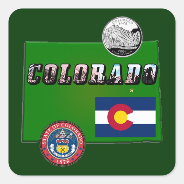 Colorado Picture Text, Flag, Seal, Quarter, Map Square Sticker (Front)