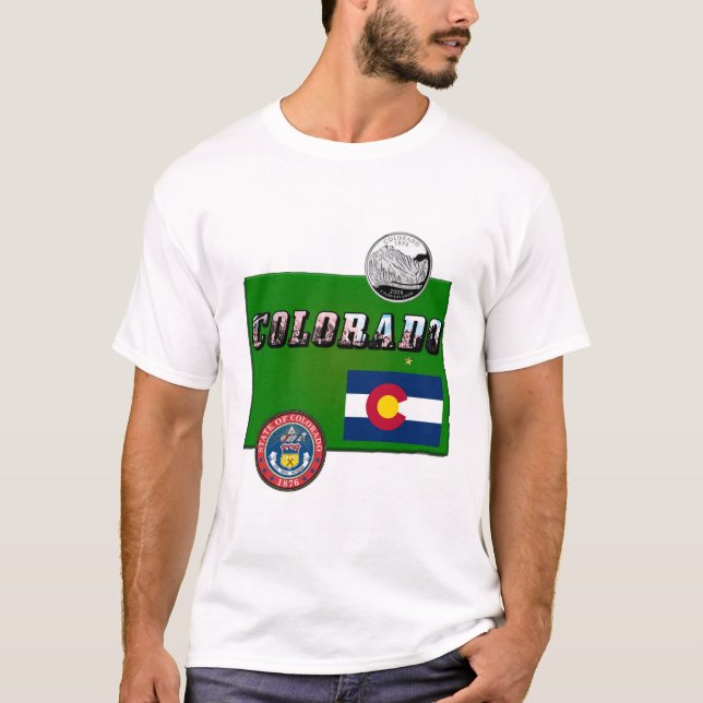 Colorado Picture Text, Flag, Seal, Quarter, Map T-Shirt (Front)
