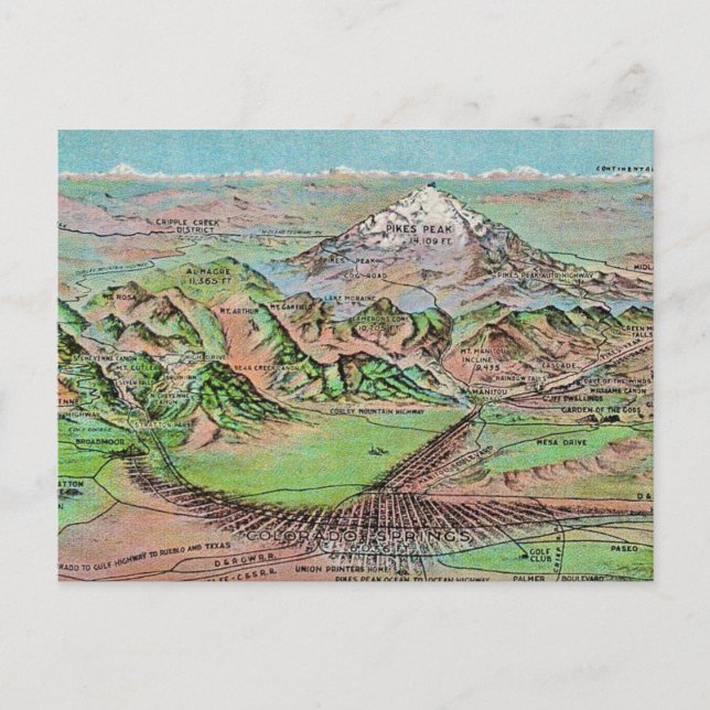  Colorado Pikes Peak Mtns Map Postcard (Front)
