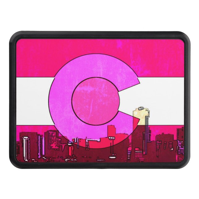 Colorado pink Denver skyline flag hitch cover (Front)