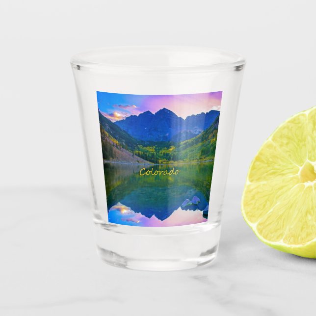 Colorado Rocky Mountains and Lake Shot Glass (Front)