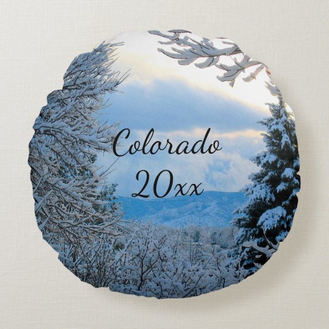 Colorado Snowy Mountains Framed by Pine Trees  Round Pillow (Front)