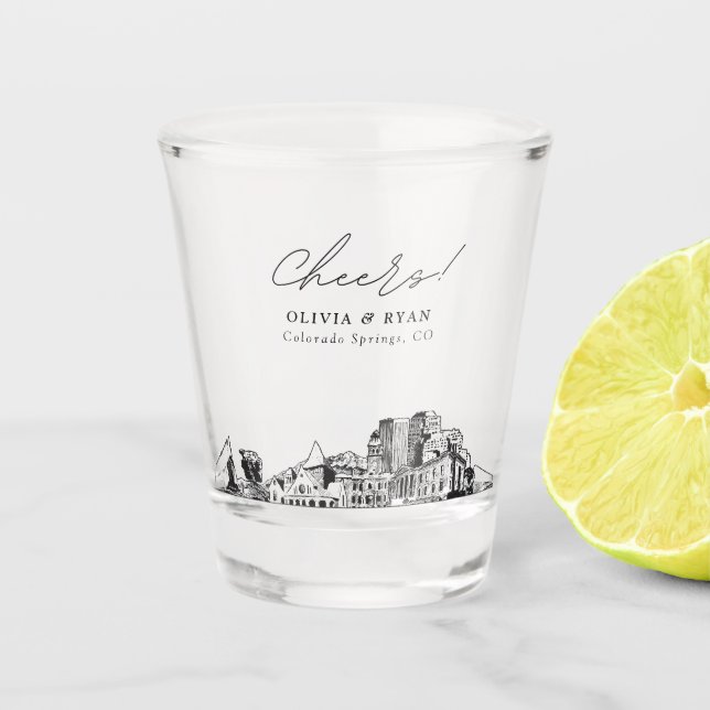 Colorado Springs Wedding Favour Personalized Cheer Shot Glass (Front)