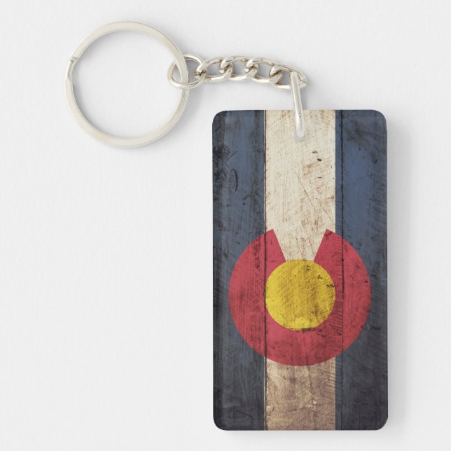 Colorado State Flag on Old Wood Grain Keychain (Front)
