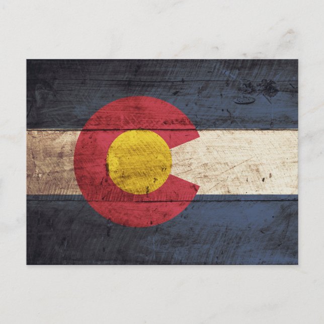 Colorado State Flag on Old Wood Grain Postcard (Front)
