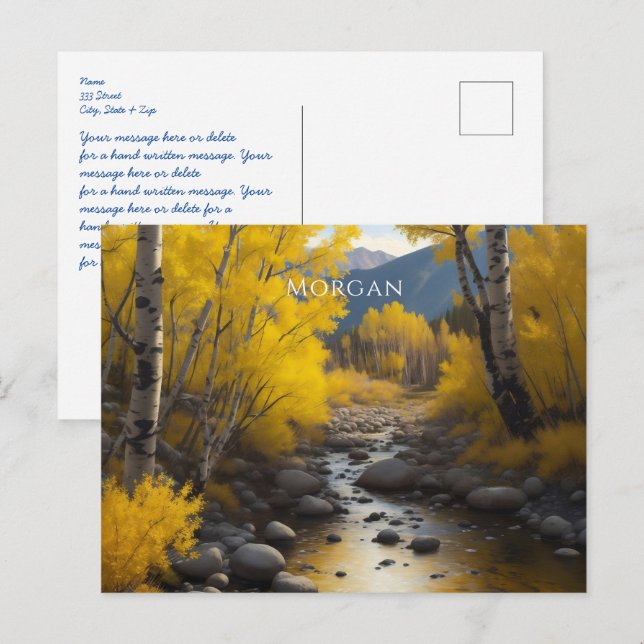 Colorado Stream & Aspen Trees Art, Name, Message Postcard (Front/Back)