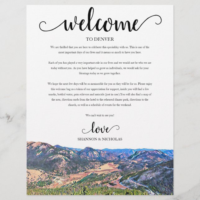 Colorado Wedding Weekend Welcome Itinerary (Front)