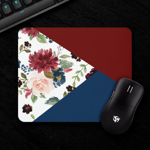 Colorblock Boho Bloom   Burgundy and Navy Pattern Mouse Pad
