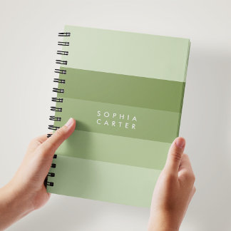 Colorblock Horizontal Sage Green Stripes Monogram Notebook