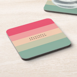 Colorblock Horizontal Stripe Pink & Green Monogram Coaster