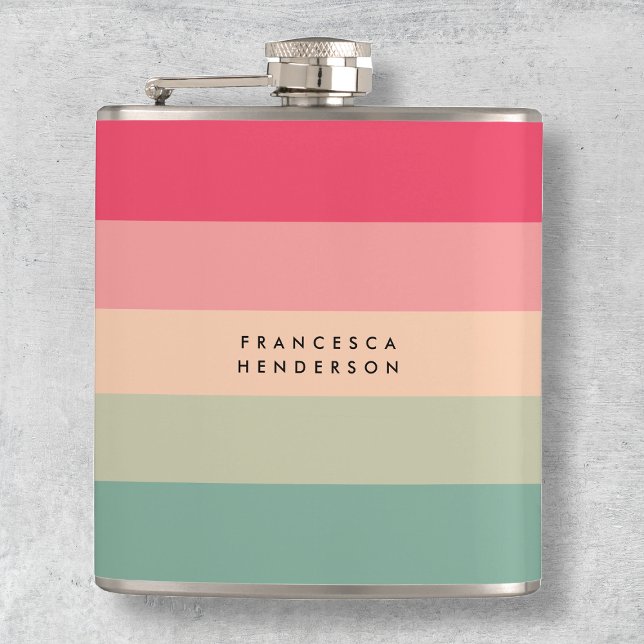 Colorblock Horizontal Stripe Pink & Green Monogram Hip Flask (Creator Uploaded)