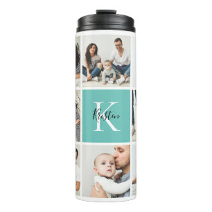 Colorblock Monogram Family Photo Collage   Aqua Thermal Tumbler