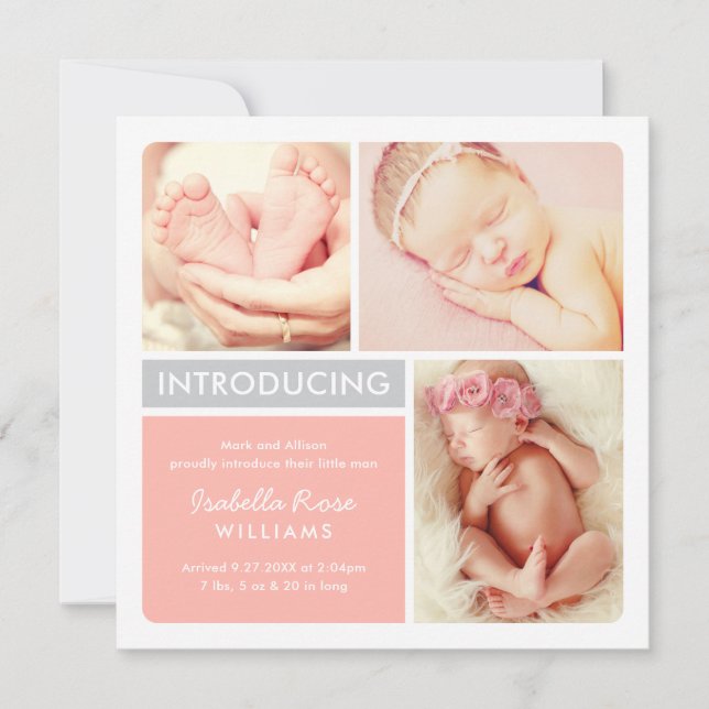 Colorblock Photo Collage Blush Baby Girl Birth Announcement (Front)