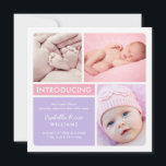 Colorblock Photo Collage Purple Baby Girl Birth Announcement<br><div class="desc">Introduce your new baby girl to family and friends in style with this modern and chic colour-block birth announcement design. The square card includes three placements to showcase your favourite newborn photos, a lavender purple, pink, and white colour scheme, and a pop of pink colour on the back side of...</div>