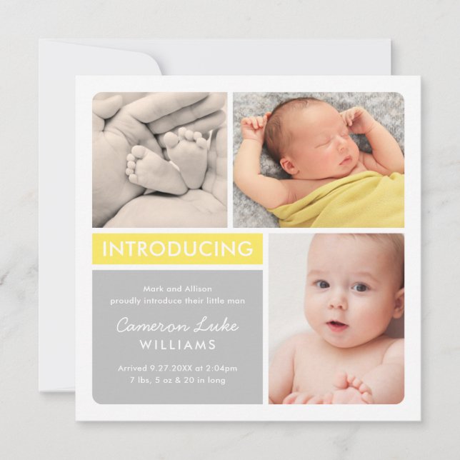 Colorblock Photo Collage Yellow Baby Boy Birth Announcement (Front)