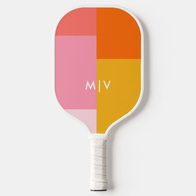 Colorblock Pink and Orange | Modern Monogram Pickleball Paddle (Front)