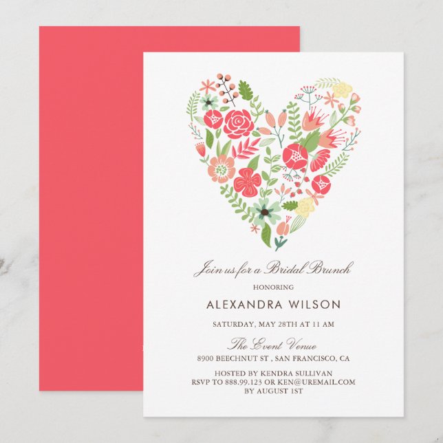 Coloré Floral Heart Bridal Brunch Invitation (Devant / Derrière)