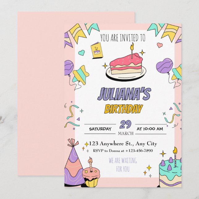 Coloré Illustratif Anniversaire Fête Invitation (Devant / Derrière)