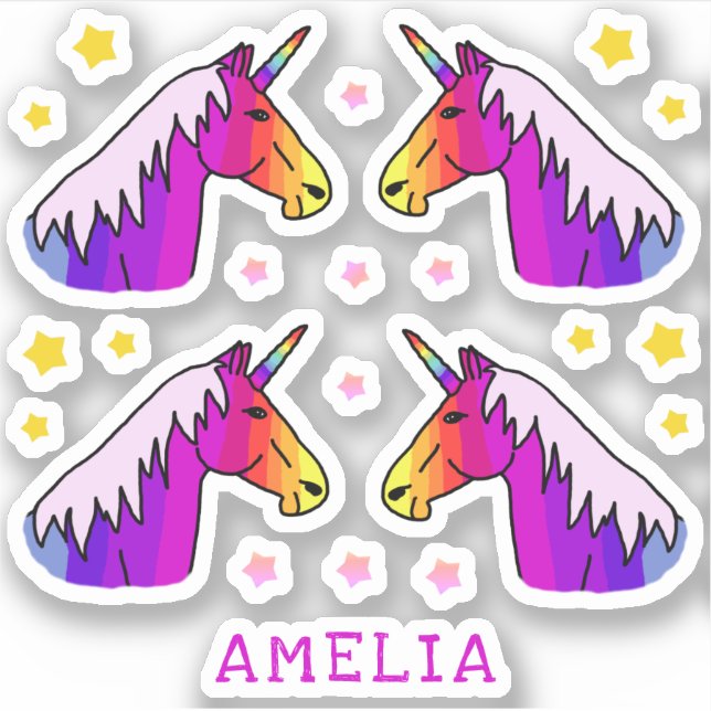 Coloré Unicorn Stars Nom Enfants Sticker (Devant)