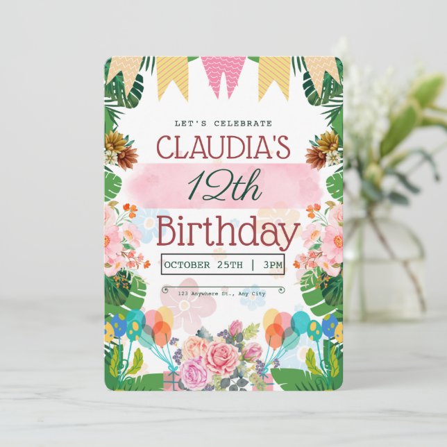 Coloré Vert Floral Anniversaire Fête Invitation (Debout devant)
