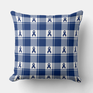 Colorectal Cancer Awareness Plaid Dark Blue Ribbon Throw Pillow