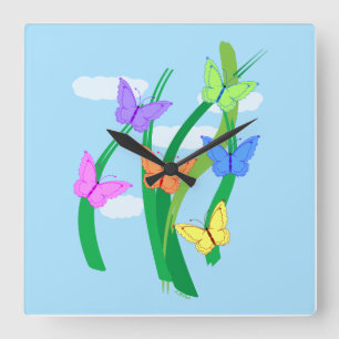 Colored Butterflies and Sky  Square Wall Clock