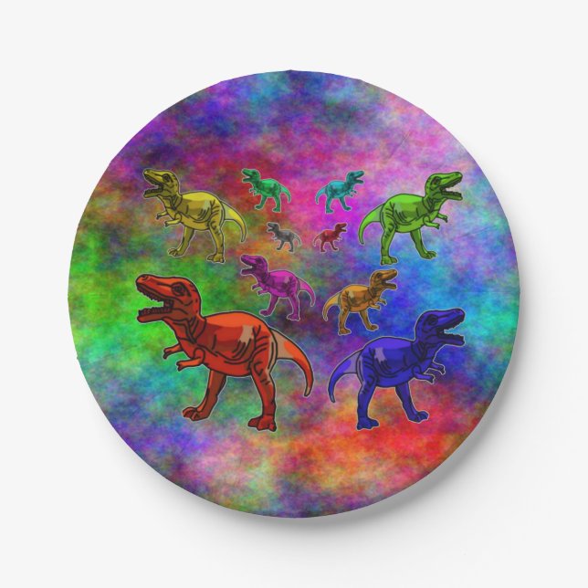 Colored Dinosaurs on Pastel Background  Paper Plate (Front)