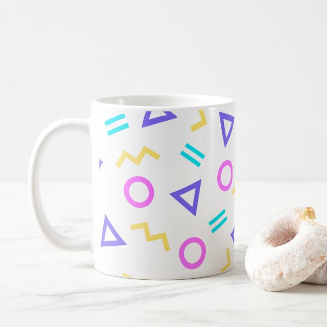 Colored Funky Geometric Shapes Pattern Coffee Mug (With Donut)