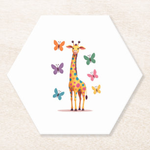 colored giraffe colorful butterflies giraffe Lover Paper Coaster