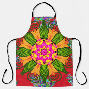 Colored round floral mandala on a red,  green and  apron
