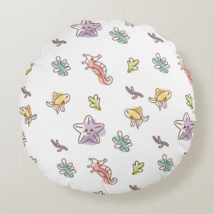 Colored sealife pattern with seastars and fishes v round pillow
