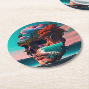 Colored skull head round paper coaster