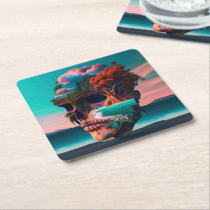 Colored skull head square paper coaster