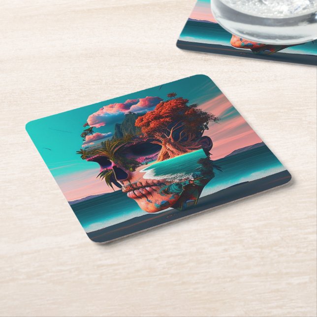 Colored Skull Head Square Paper Coaster (Angled)