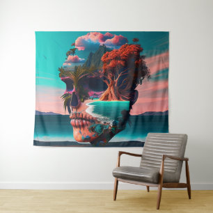 Colored skull head tapestry
