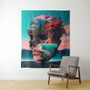 Colored skull head tapestry