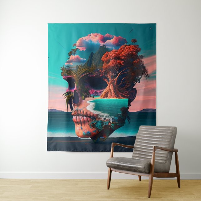 Colored skull head tapestry (In Situ)