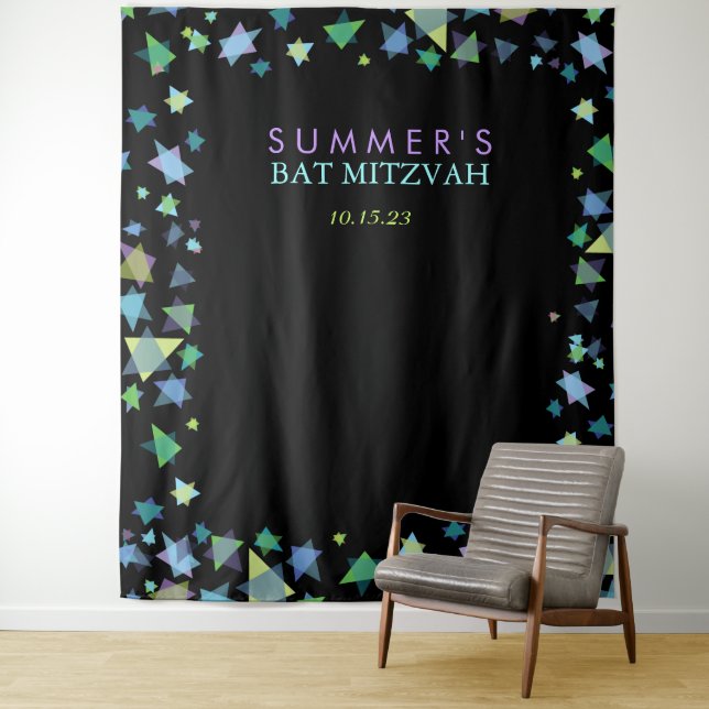 COLORED STARS Bar Bat Mitzvah Photo Op Backdrop Tapestry (In Situ)