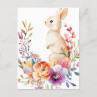Colored watercolor Oster Postcard with Easter Bunn