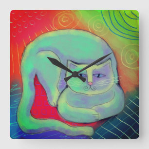 Colorée Abstraite Peinture Chat Horloge ronde