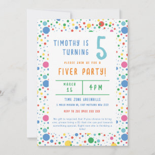 Colorée Pokadot Fiver fête Anniversaire Invitation