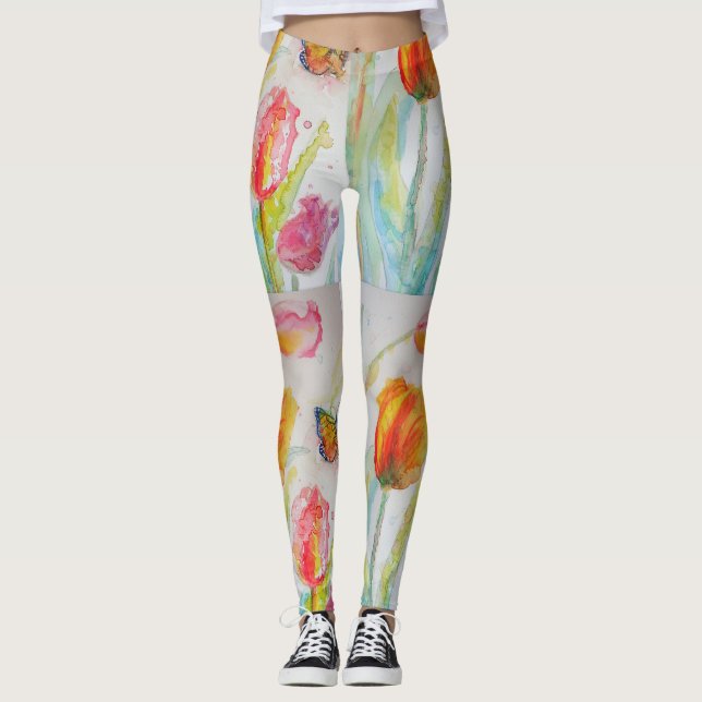 Colorée Tulipe Florale Aquarelle Leggings (Devant)
