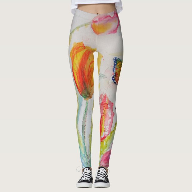 Colorée Tulipe Florale Aquarelle Leggings (Devant)