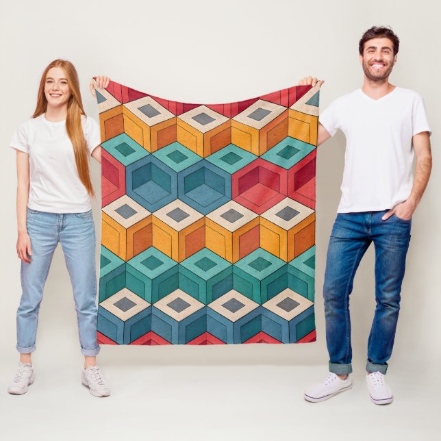 Colorful 3D Cube Illusion Pattern | Seamless Depth Fleece Blanket (In Situ)